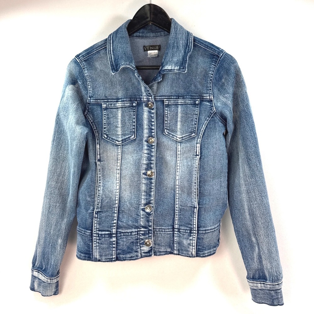 Venus Womens Medium Wash Denim Trucker Jacket Blue Size S